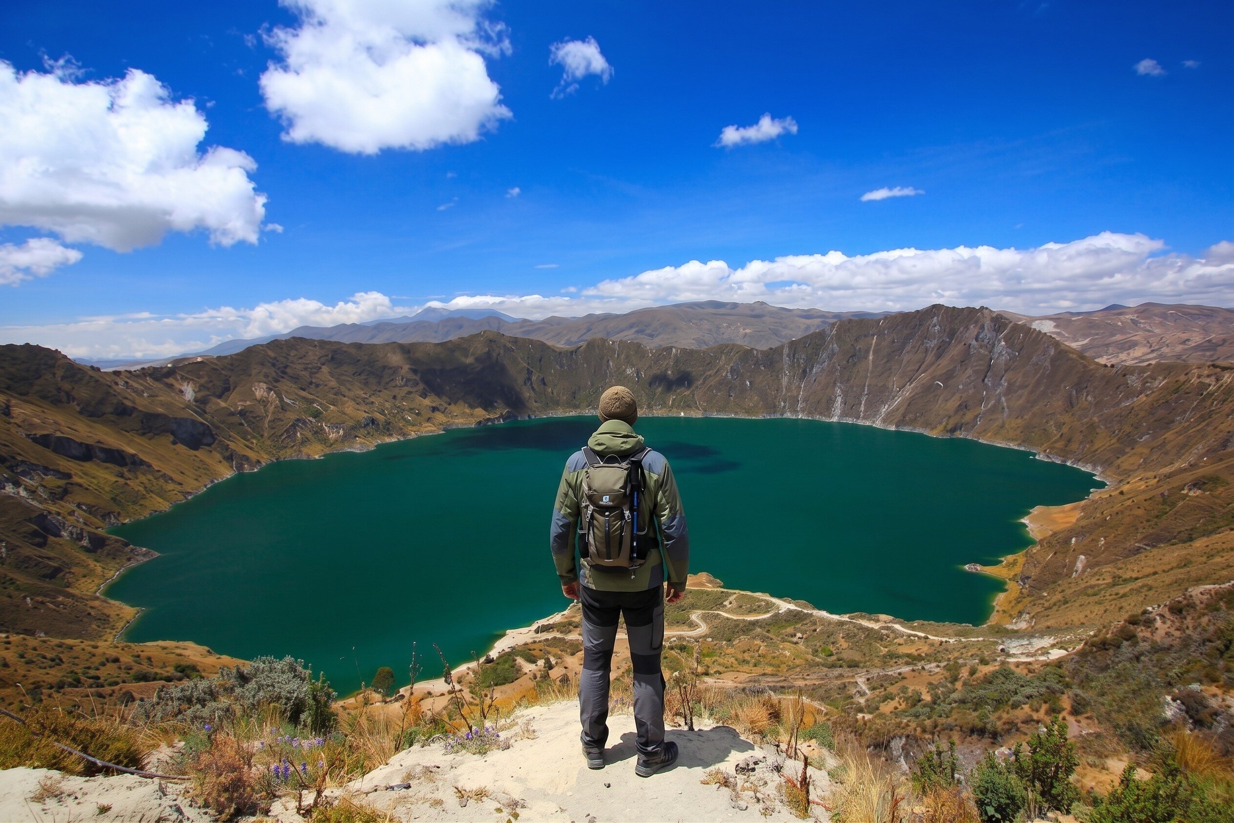 A Man Standing On A Cliff Near Quilotoa Lake