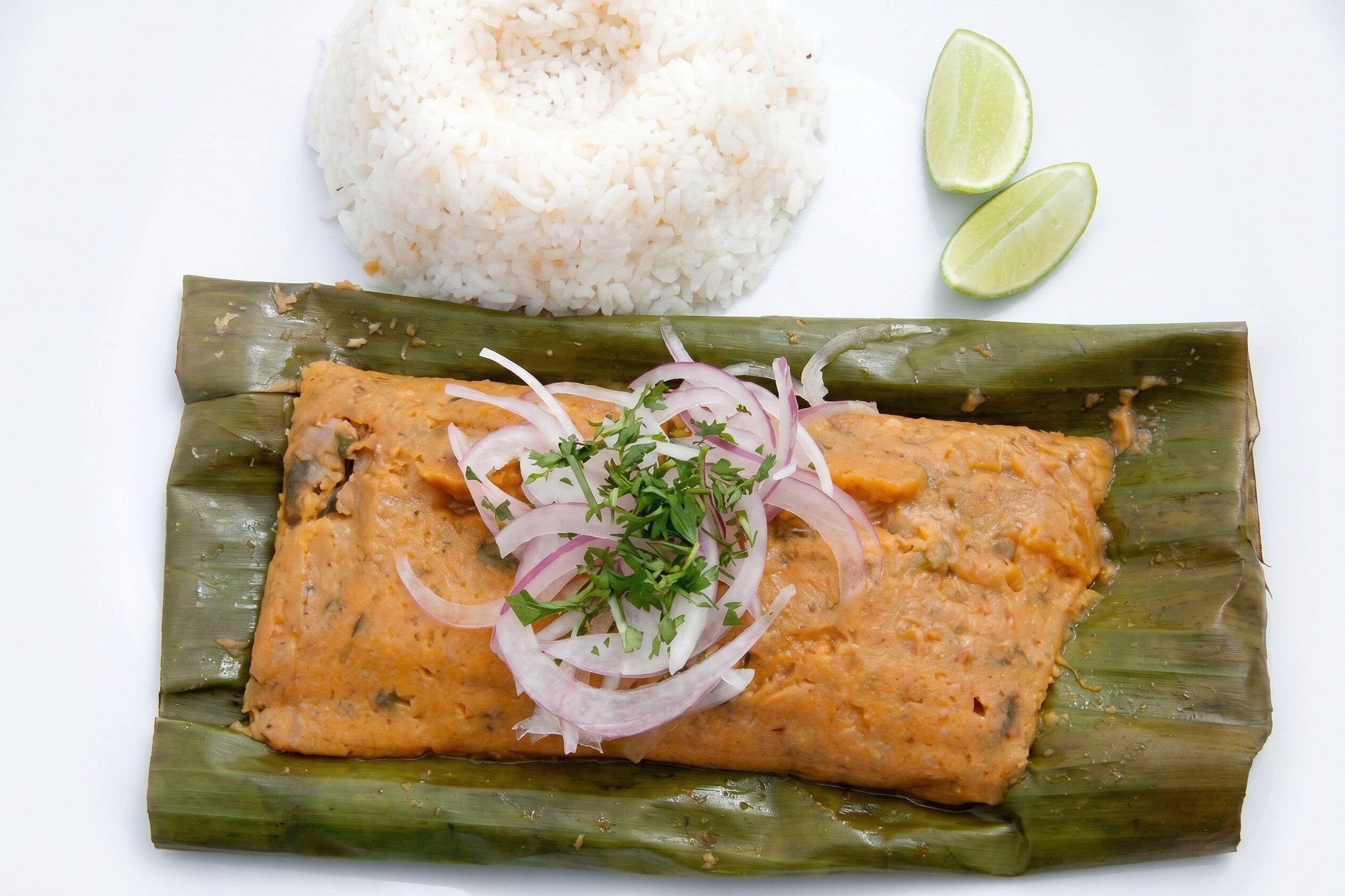 Bollo de Pescado served on Banana Leaf