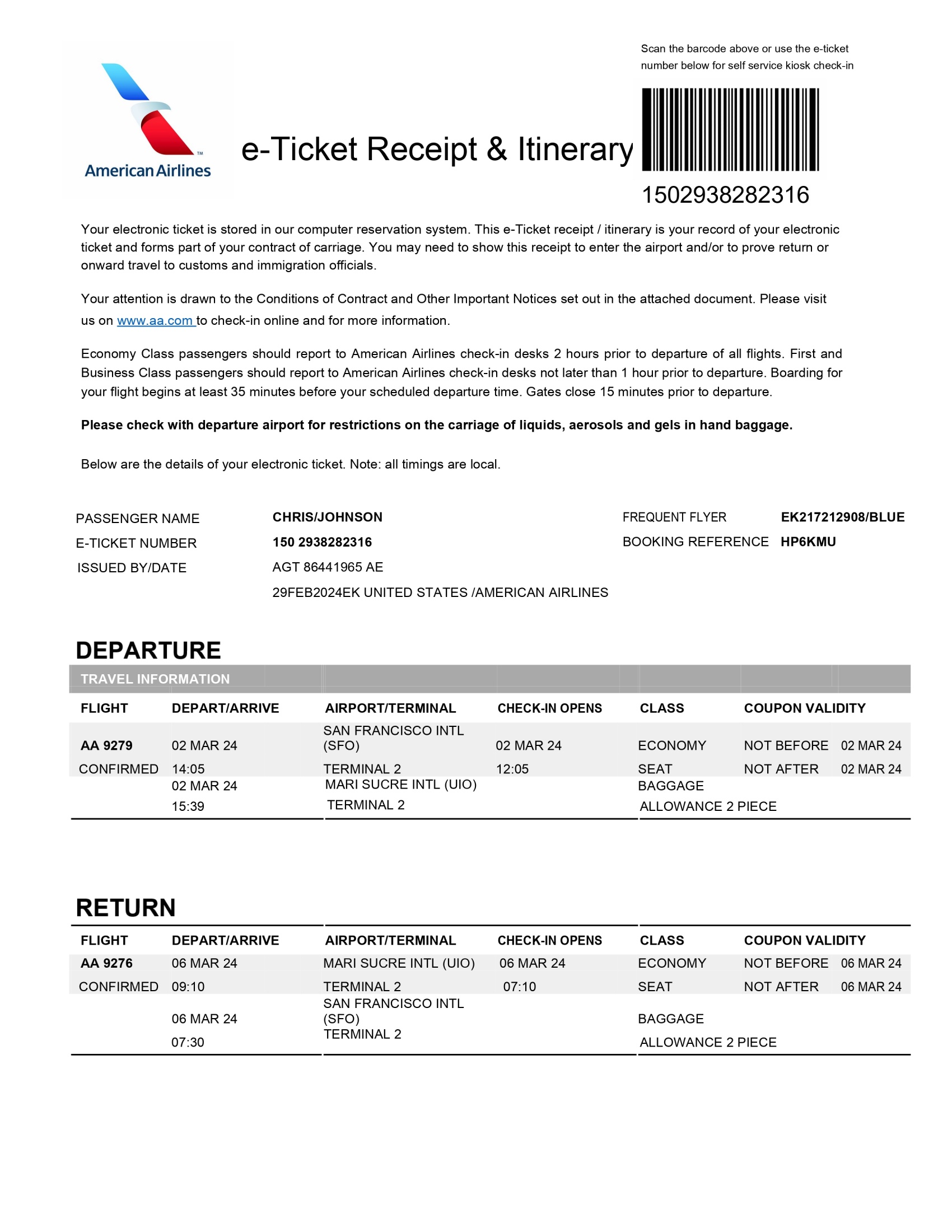 Ecuador American Airlines Sample
